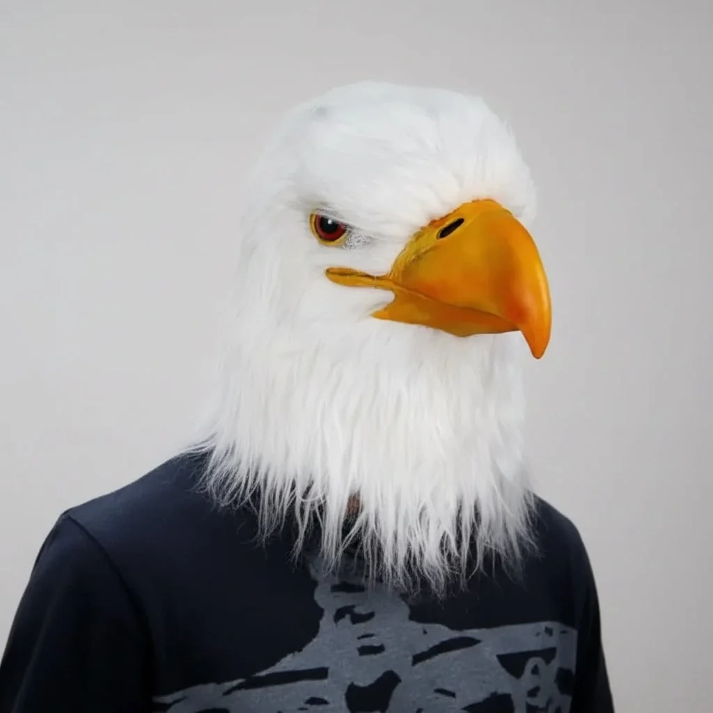 Halloween Animal Head Mask with Bald Eagle Design White Faux Fur and Yellow Beak for Party Costume - Image 2