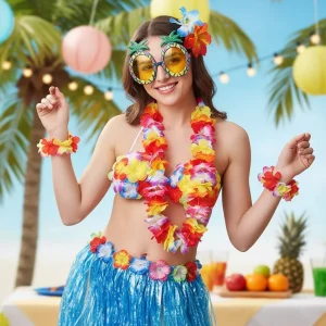 Halloween Two Piece Skirt and Top Matching Set Hawaiian Hula Costume with Grass Flower Lei