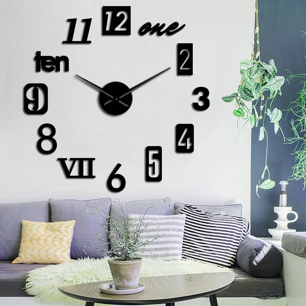 Large Long Wall Clock with 3D Adhesive Numbers and Minimalist Metal Hands Vintage