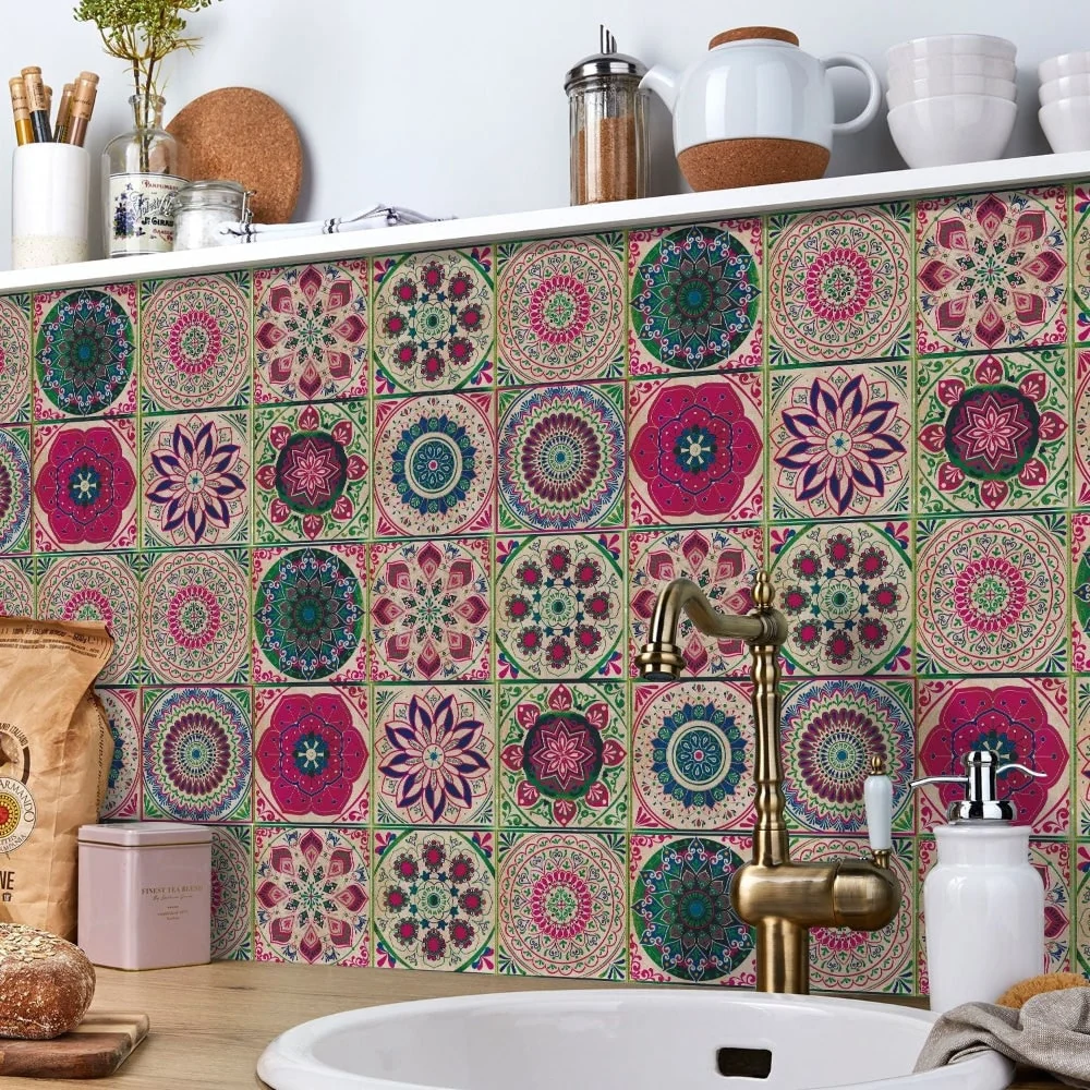Peel and Stick Tile Backsplash Wall Art Decor Stickers with Mandala Patterns Pack of 24