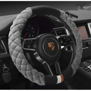Steering Wheel Cover with Plush Quilted Diamond Pattern and Textured Grip for Car 38cm Round